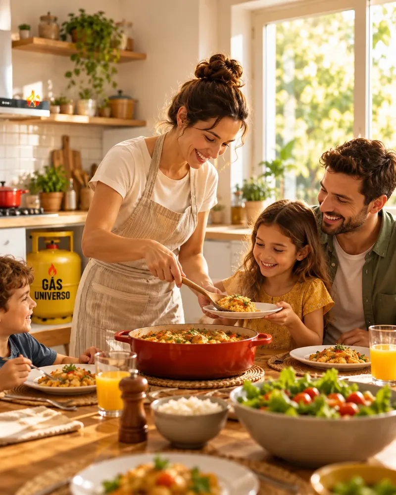 Família reunida à mesa com refeição servida em cozinha com botijão Gás Universo