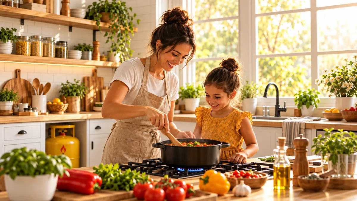 Mãe e filha cozinhando juntas em uma cozinha iluminada com fogão a gás