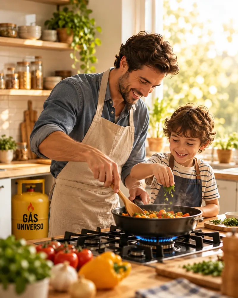 Pai e filho cozinhando juntos em cozinha com botijão Gás Universo